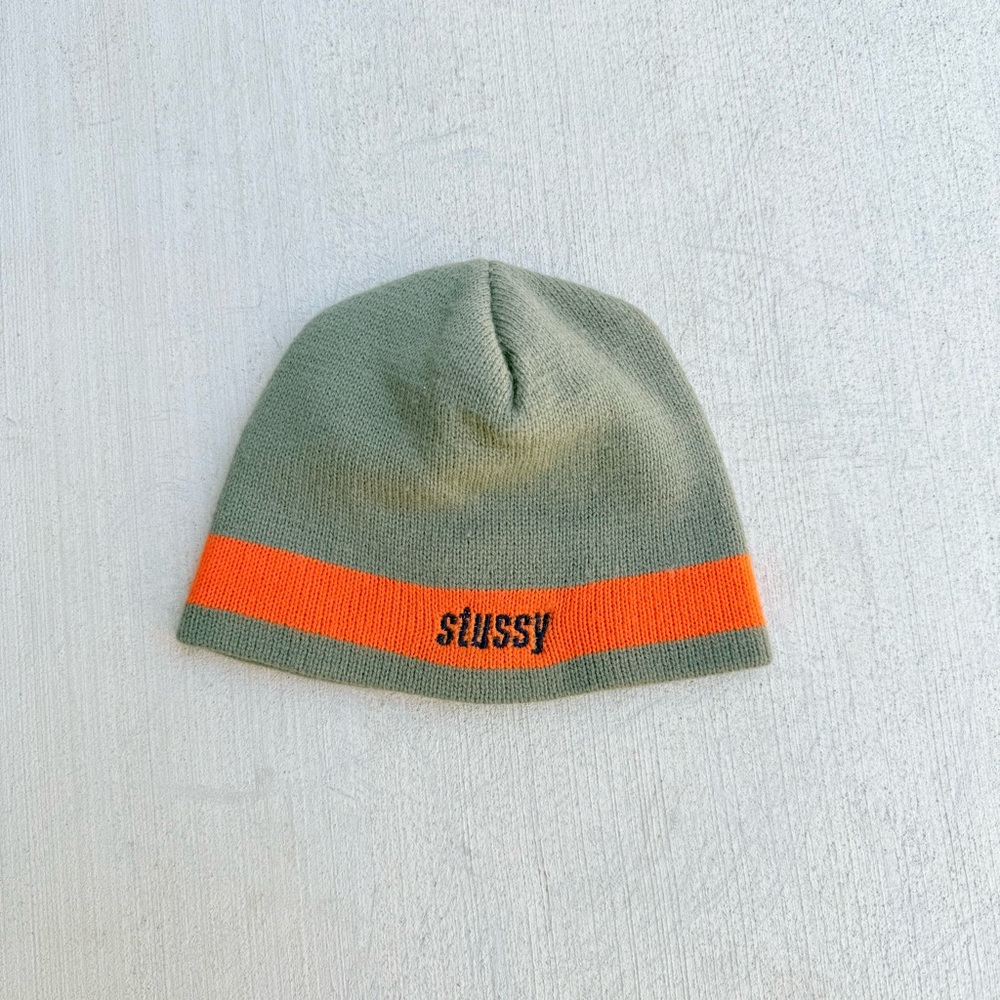 Vintage 90s Stussy Beanie Made in USA Authentic Caps Knit Hat Olive Orange